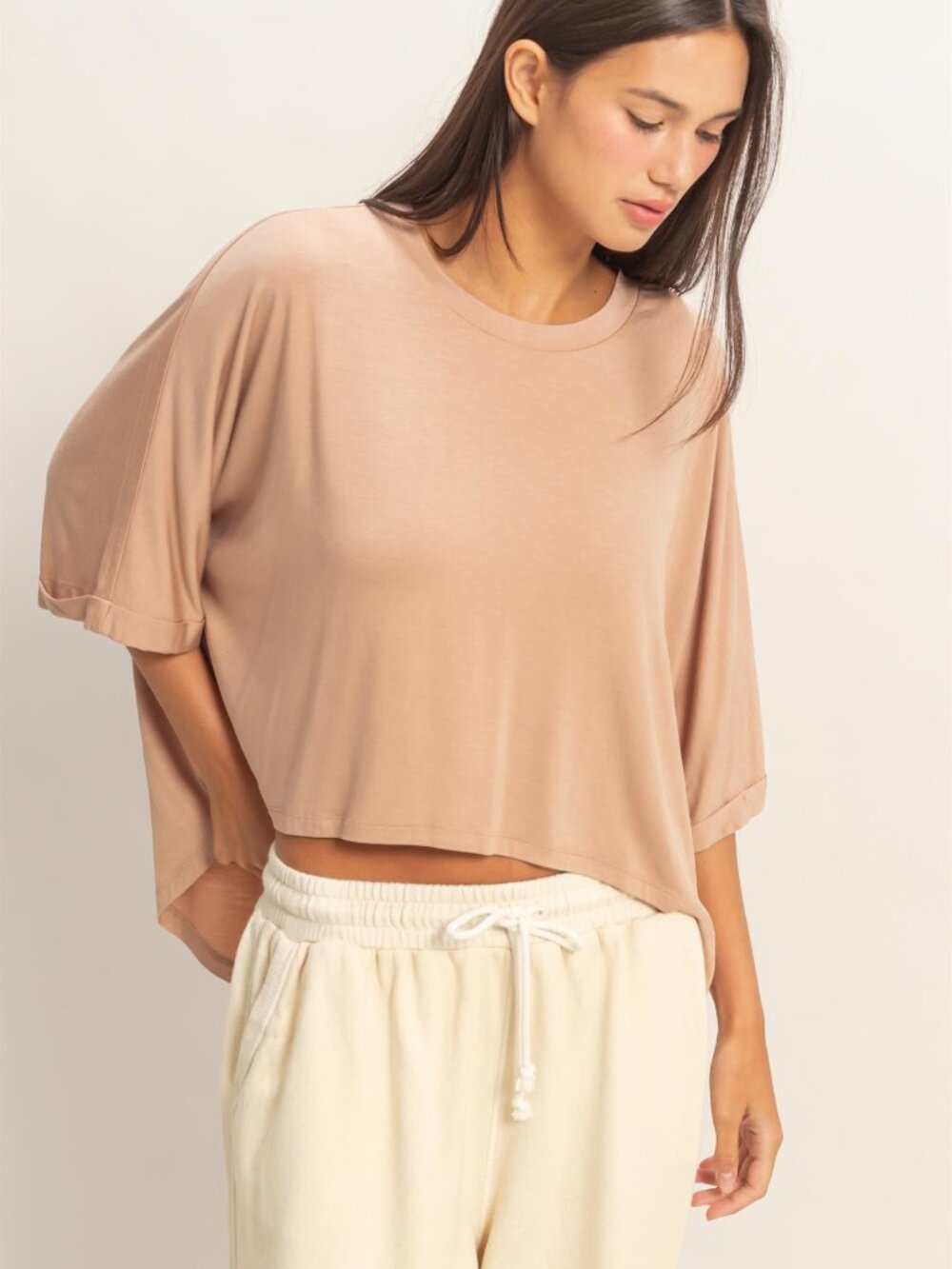 192 | Relaxed Hi Lo Batwing Sleeve Top - Beige